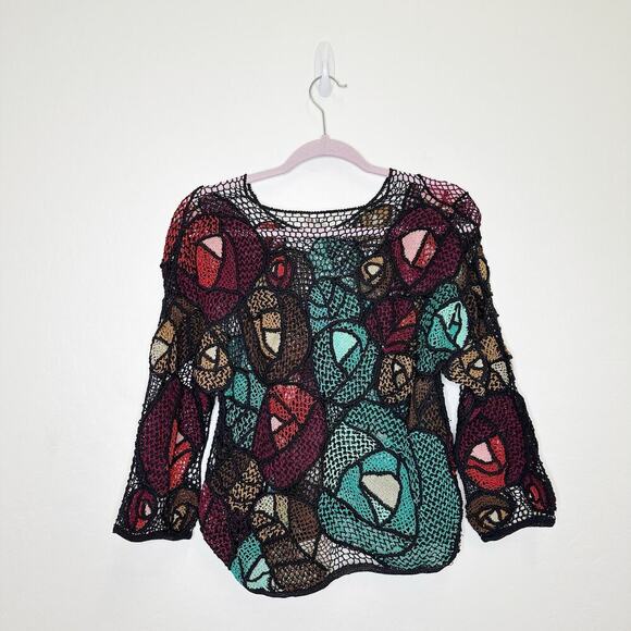 Lim’s 1980's Vintage Hand Crocheted Jewel Tone Cotton Abstract Top Small - Picture 2 of 4